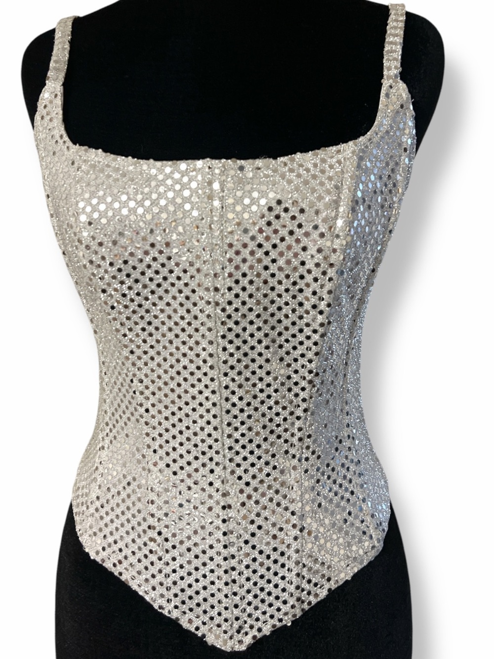 Le Château vintage Silver reflective Mirror Dot Corset Top small EUC